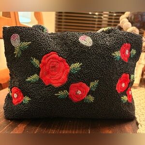 Floral Embroidered Black Beaded Bag